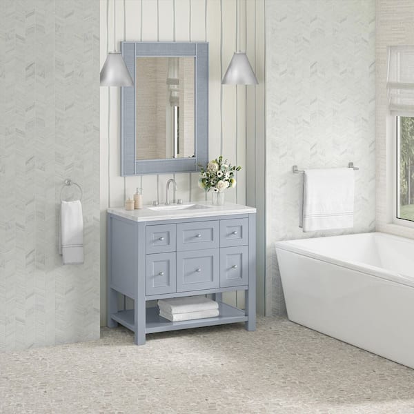 James Martin Vanities Breckenridge 36.0 in. W x 23.5 in. D x 34.25 in. H Single Bath Vanity in Serenity Blue w/ Solid Surface Arctic Fall Top