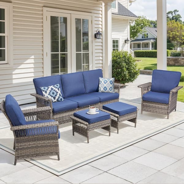 5-Piece Wicker Outdoor Patio Conversation Set with Blue Cushions