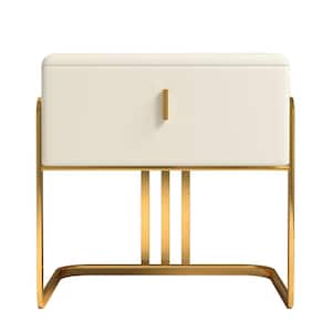 Minimalist Beige Nightstand Upholstered Leather Surface with 1 Drawer in Gold