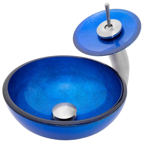 Novatto Verdazzurro 12 in. Mini Blue Hand-Foiled Glass Round Vessel Sink Combo with Drain and Faucet in Brushed Nickel