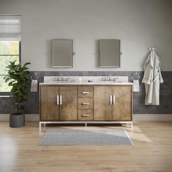 Westin 72 in. W x 22 in. D x 34.4 in. H Double Sink Bath Vanity Lustrous Walnut White Brook Quartz Top, Faucets Mirrors
