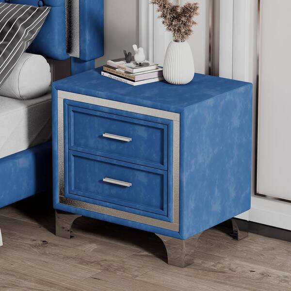 Mid Century 2 Drawers Nightstand with Metal Legs Velvet Finish and Handles for Bedroom Blue