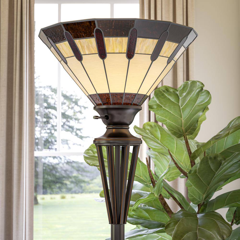 72-Inch Bronze Torchiere with Stained Glass Shade