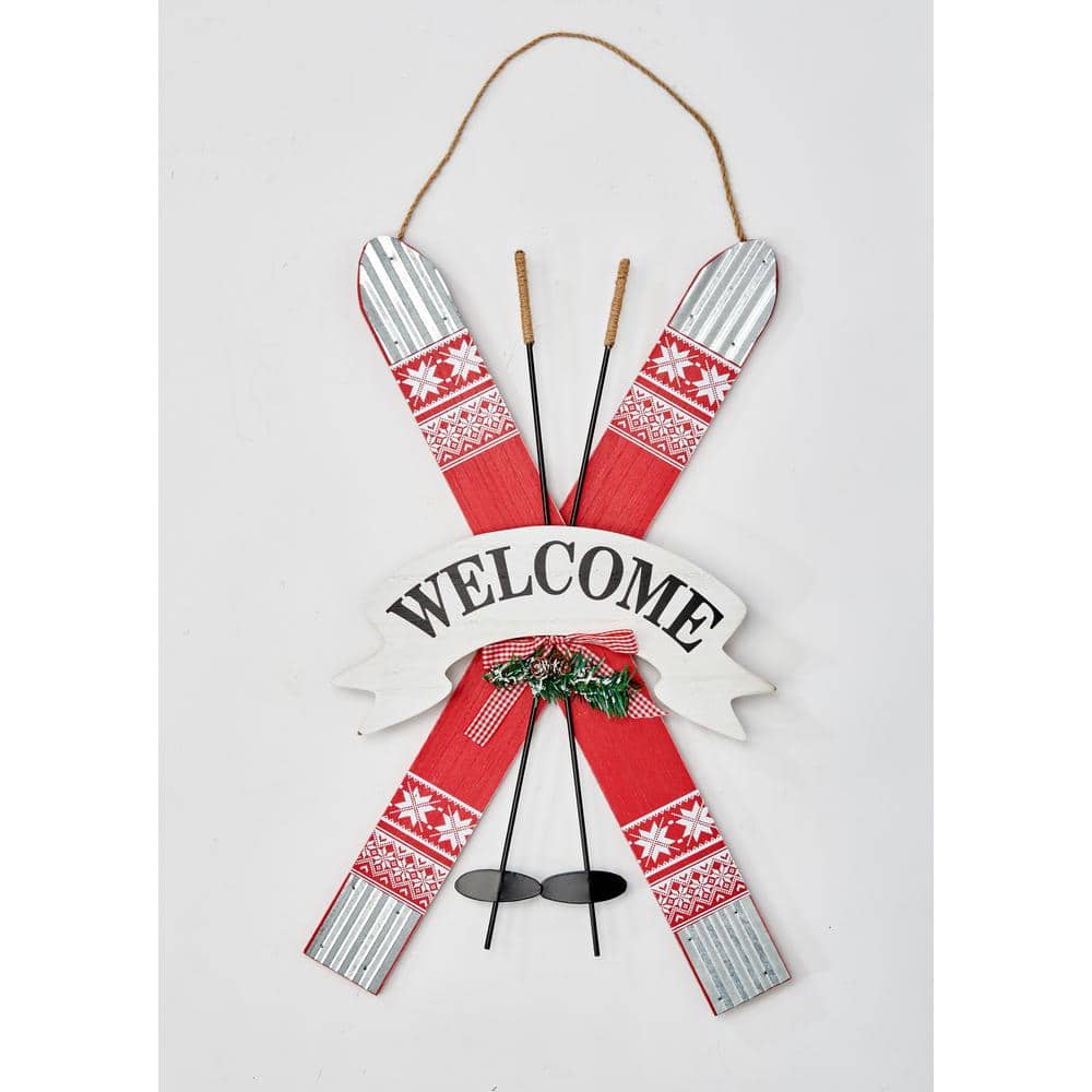 31 in. Wood and Tin Ski Welcome Sign