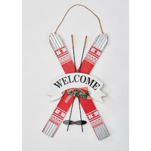 31 in. Wood and Tin Ski Welcome Sign