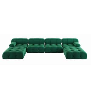 138.61 in. Square Arm 6-Piece U Shaped Velvet Modular Free Combination Sectional Sofa with Ottoman in Green