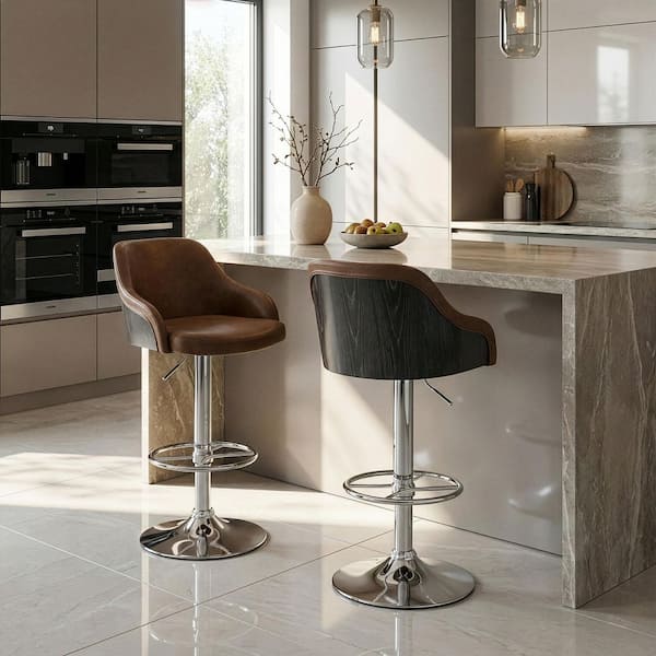 Amada Brown with Grey Plywood Back Upholstered 33 in. Adjustable Height Bar Stool