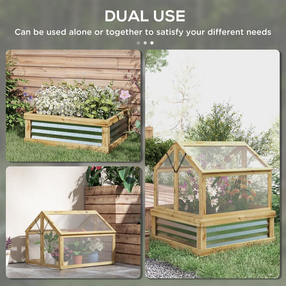 Natural Fir Wood Raised Garden Bed with Polycarbonate Greenhouse