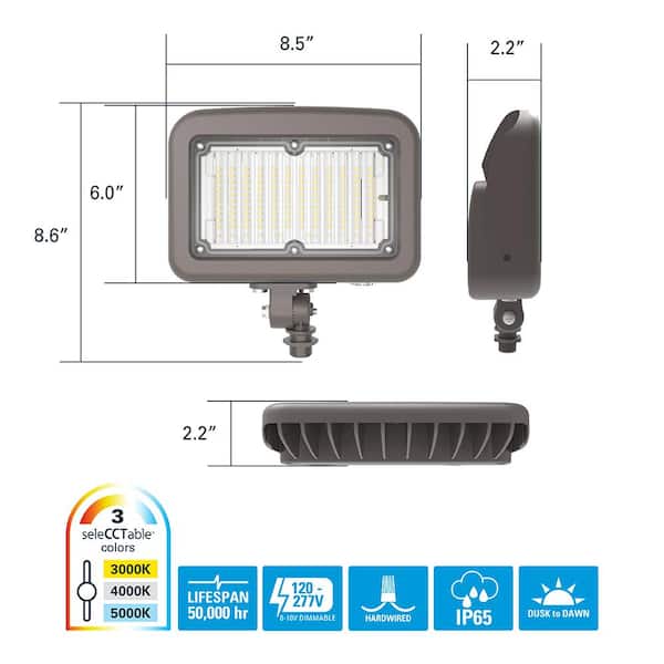 Outdoor Integrated LED Large Floodlight, Bronze Finish, Selectable CCT 3000/4000/5000K, 11400 Max Lumens, Dusk to Dawn