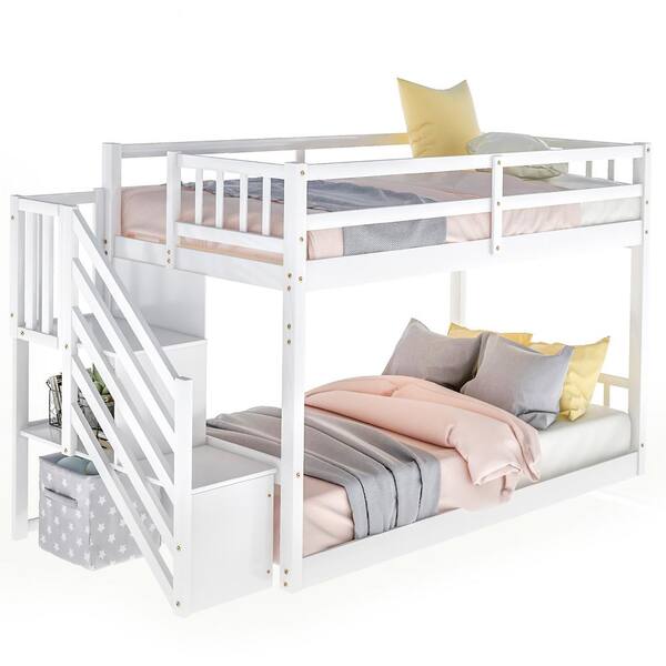 Donason White Twin over Twin Floor Bunk Bed, Ladder with Storage