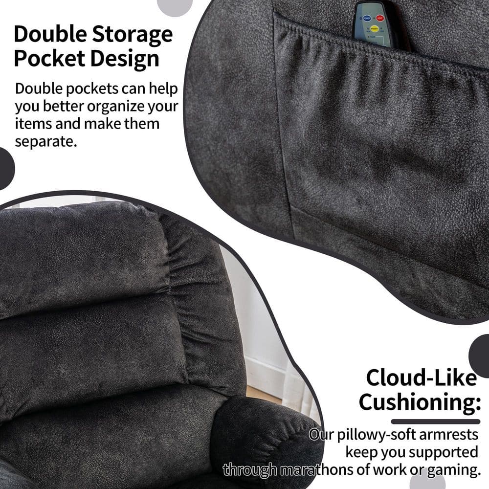 Close-up of the blue-gray fabric and storage pocket of the recliner.