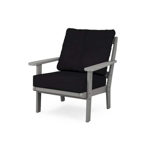 Trex Outdoor Furniture Cape Cod Plastic Outdoor Deep Seating Chair in Stepping Stone with Midnight Linen Cushion