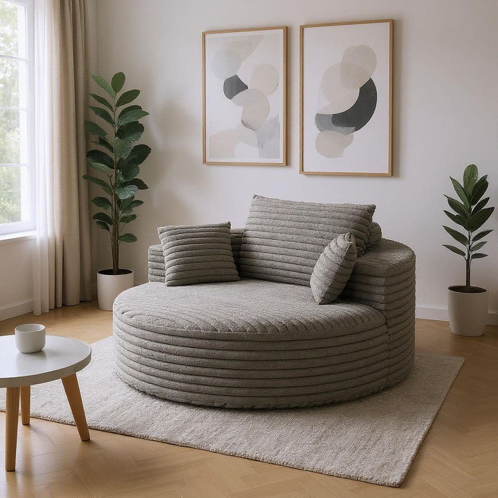 Homy Casa YDYKSF 50 in. Round Corduroy Modular Sofa with Backrest Pillows in Pebble Grey and Charcoal Taupe