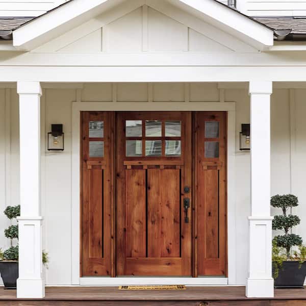64 in. x 80 in. Craftsman Alder Clear 6-Lite Red Chestnut Stain Wood w.DS Left Hand Single Prehung Front Door/Sidelites