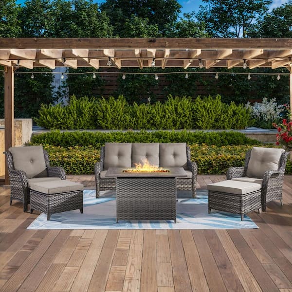 6-Piece Gray Wicker Outdoor Patio Rectangular Fire Pit Conversation Set with Gray Cushions and Ottomans