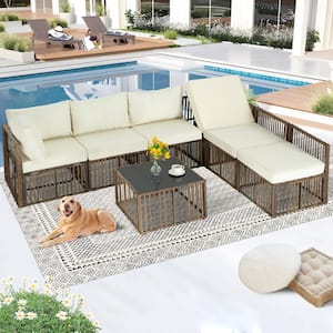 7 Pieces Bohemian Style Brown Wide-Wicker Patio Conversation Set Adjustable Furniture Set with Off-white Cushions