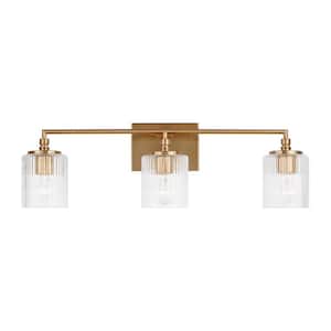 Beaumont 22.6 in. 3-Light Satin Brass Transitional Wall Bathroom Vanity Light with Clear Fluted Glass Shades