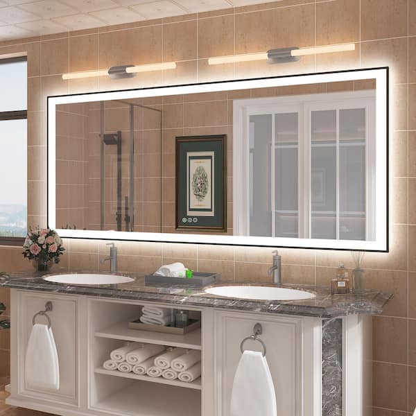 88 in. W x 38 in. H Rectangular Space Aluminum Framed Dual Lights Anti-Fog Wall Bathroom Vanity Mirror in Tempered Glass