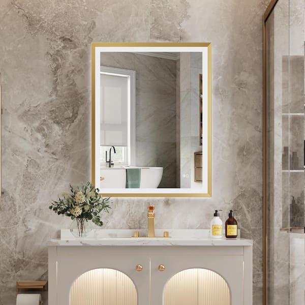 LUKY 28 in. W x 36 in. H Rectangular Single Aluminum Framed Antifog Dimmable Wall Bathroom Vanity Mirror in Brushed Gold