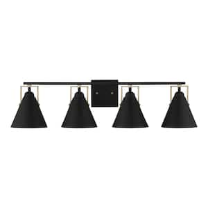 Insdale 4-Light Matte Black Modern Bathroom Vanity with Satin Brass Accents