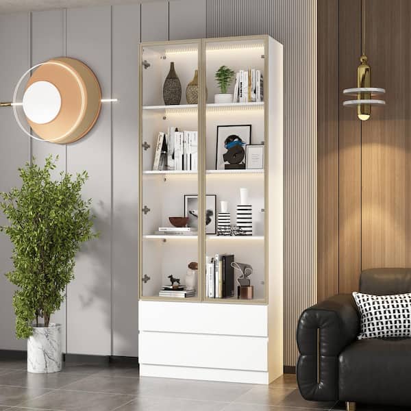White Wood 31.5 in. W Display Cabinet with Tempered Glass Doors, Drawers, Multiple Shelves, LED Lights