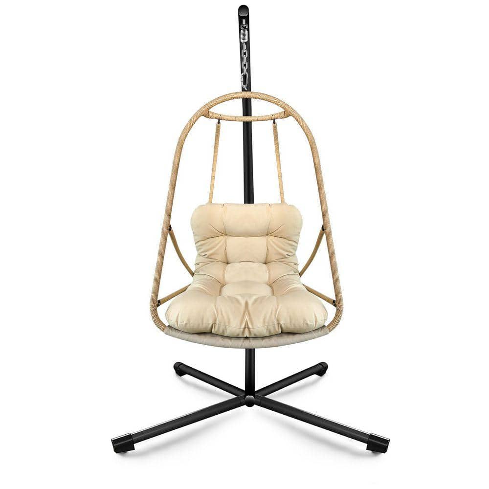 Indoor Outdoor Wicker Rattan Patio Swing with C Type Bracket, Cushion and Pillow