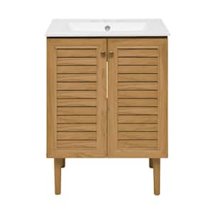 Bron 24 in. W Brown Oak Bathroom Vanity in White with 3-Hole Ceramic Sink Top