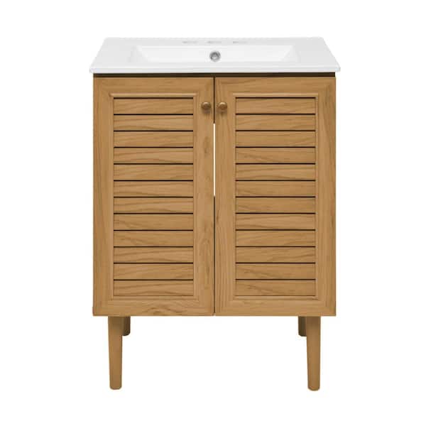 Swiss Madison Bron 24 in. W Brown Oak Bathroom Vanity in White with 3-Hole Ceramic Sink Top