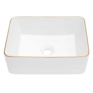 19 in. Rectangle White Ceramic Vessel Sink with Gold Rim Above Counter Bathroom Sink without Faucet