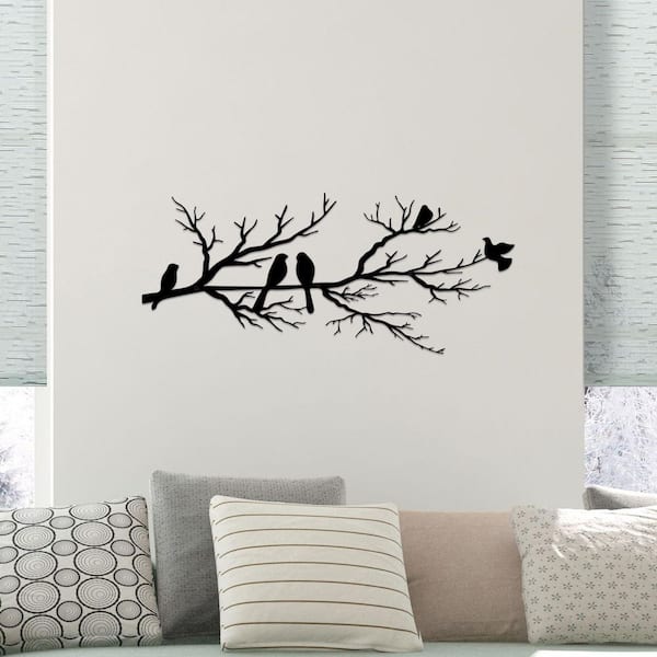 31.5 in. x 13.6 in. Metal Leaves with Bird Wall Art Outdoor Hanging Wall Sculpture for Home Balcony Garden, Black