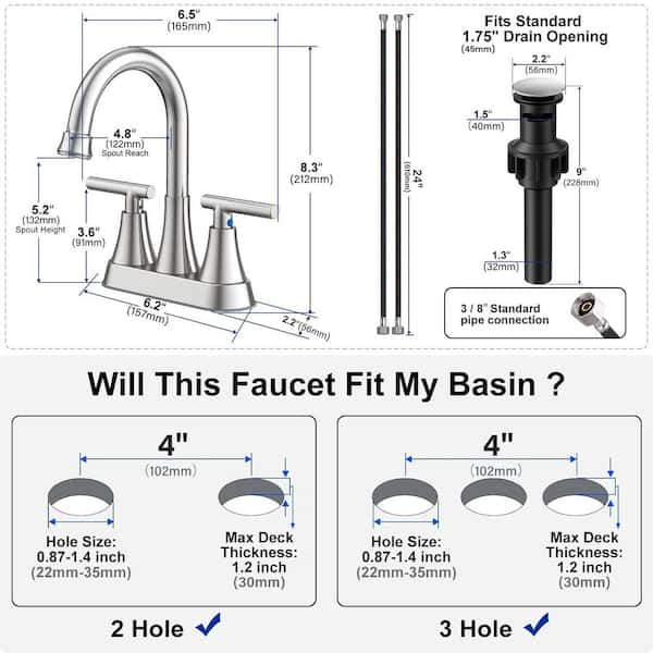 1-Piece 3 Hole 2 Handle Stainless Steel Bathroom Sink Faucet in Brushed Nickel, Included Pop up Drain and Supply Hoses