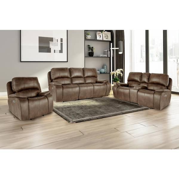 New Classic Furniture Brookings 3-Piece Brown Polyester Fabric Living Room Set with Power Footrest and Headrest