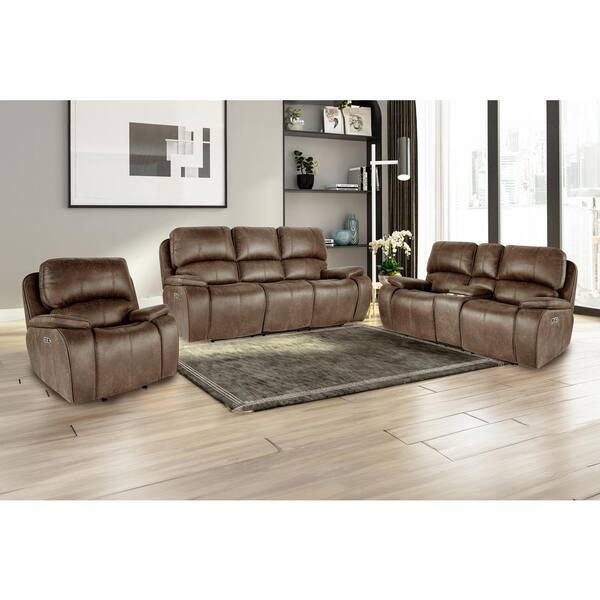 New Classic Furniture Brookings 3-Piece Brown Polyester Fabric Living Room Set with Power Footrest and Headrest NEW CLASSIC HOME FURNISHINGS