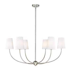 Shannon 42 in 6 Light Brushed Nickel Shaded Chandelier Light with White Glass Shade with No Bulbs Included