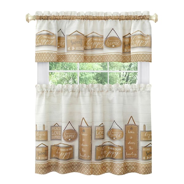 ACHIM Modern Farmhouse Tan Polyester Light Filtering Rod Pocket Tier and Valance Curtain Set 58 in. W x 24 in. L