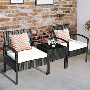 3-Piece Wicker Outdoor Rattan Patio Conversation Set with White Cushions