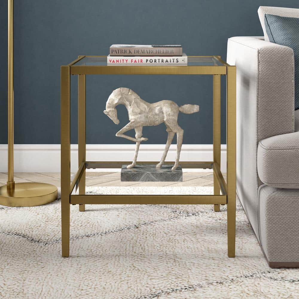 Hera Antique Brass Square Side Table with Tempered Glass Shelf