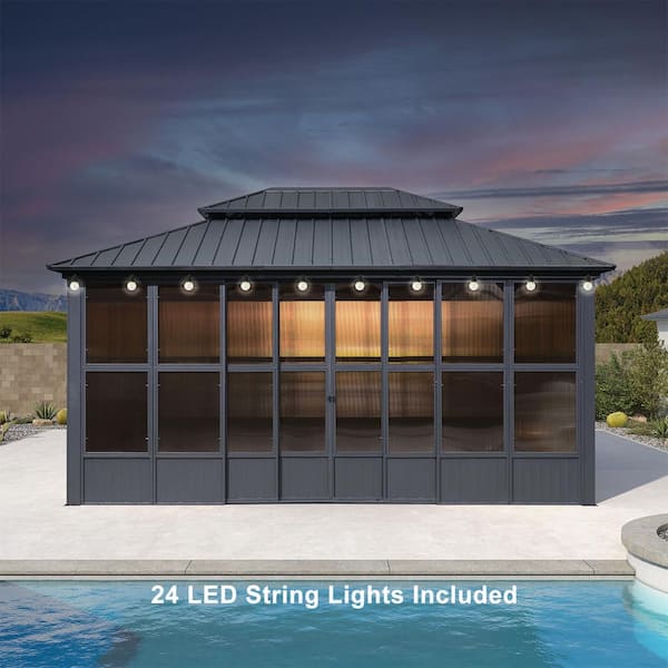 Hardtop Gazebo 12 ft. x 16 ft. Gray Aluminum Sunroom Gazebo with Double Top, Mesh Screens & 24 Lights