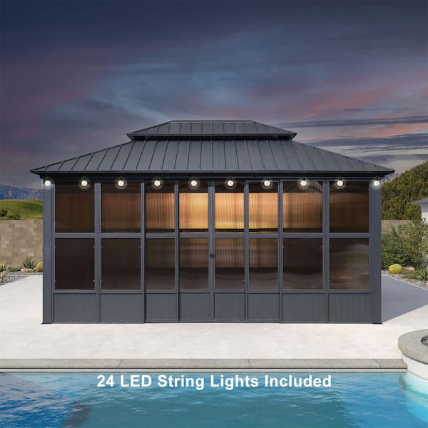 12ft. x 16ft. Patio Hardtop Gazebo Double Top PC Mesh Screen House Aluminum Solarium Backyard Sunroom, 24 Lights, Gray