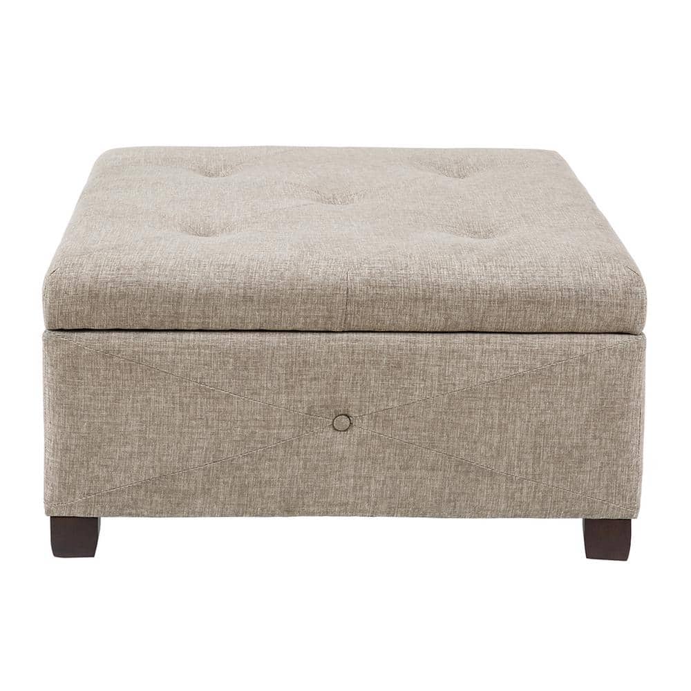 Beige Tufted Square Storage Ottoman with Graduated Legs