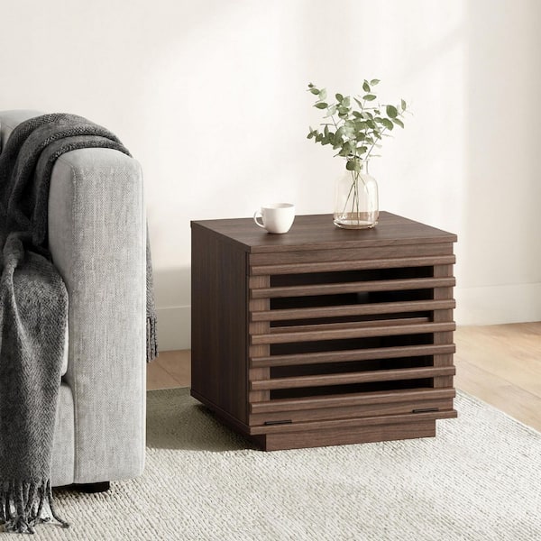 Caleo Walnut Small LED TV Stand for Living Room, Adjustable Shelf TV Cabinet, Flip-Down Door, Fluted Media Console