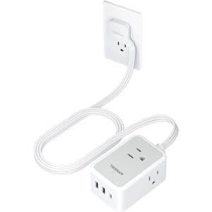 3 Outlets Mini Charging Station with 3 USB Wall Charger (1 USB C) and 5 ft. Slim Plug in White