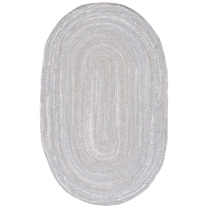 Braided Light Gray Doormat 3 ft. x 5 ft. Solid Color Striped Oval Area Rug