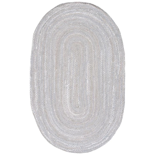 SAFAVIEH Braided Light Gray Doormat 3 ft. x 5 ft. Solid Color Striped Oval Area Rug
