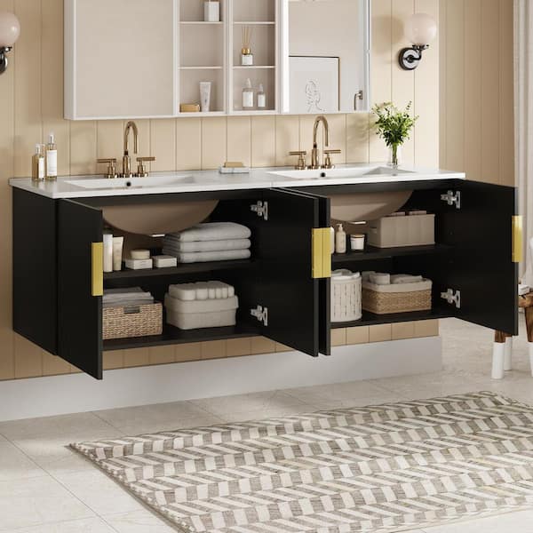60in. Double Sink Floating Black Bath Vanity with White Ceramic Top