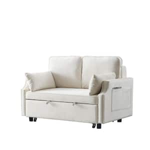 75 in. W Beige Velvet Twin Size 2 Seats Sleeper Sofa bed with Side Storage Pockets,