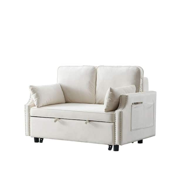 J&E Home 75 in. W Beige Velvet Twin Size 2 Seats Sleeper Sofa bed with Side Storage Pockets,