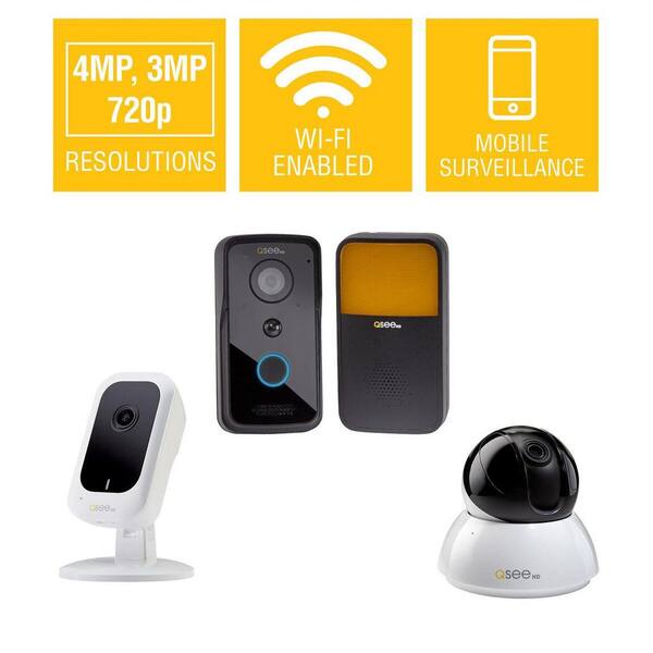 Q-SEE 3MP Wi-Fi Mini Camera with 16GB SD Card 4MP Wi-Fi Point/Tilt Camera and 720p Wi-Fi Video Doorbell with Chime