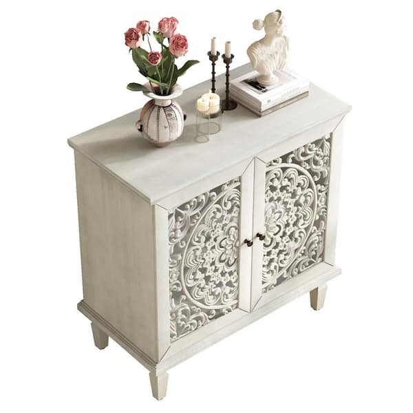 Euclid Vintage 31.5 in. W Antique White MDF Wood Buffet Sideboard Storage Cabinet with Brass Handles Adjustable Shelf