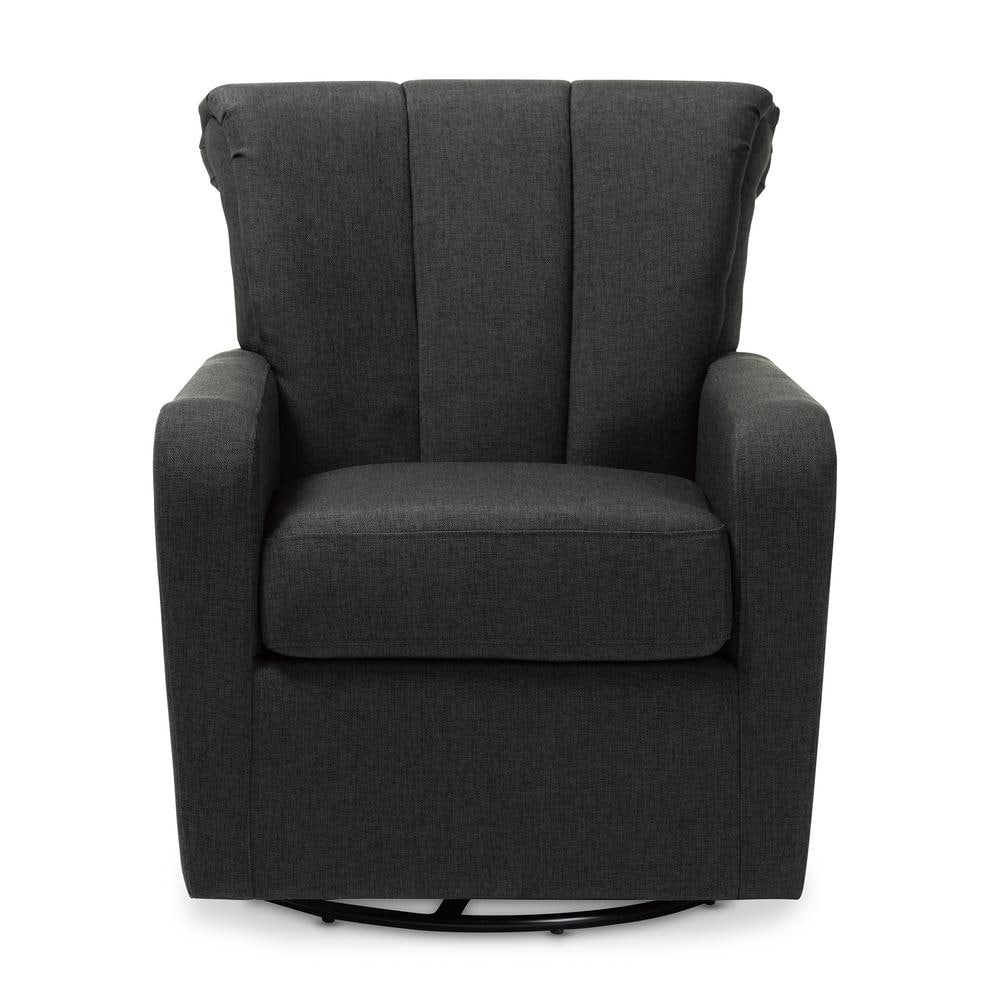 Rayner Elegant Gray Leather Swivel Accent Chair with Wood Base